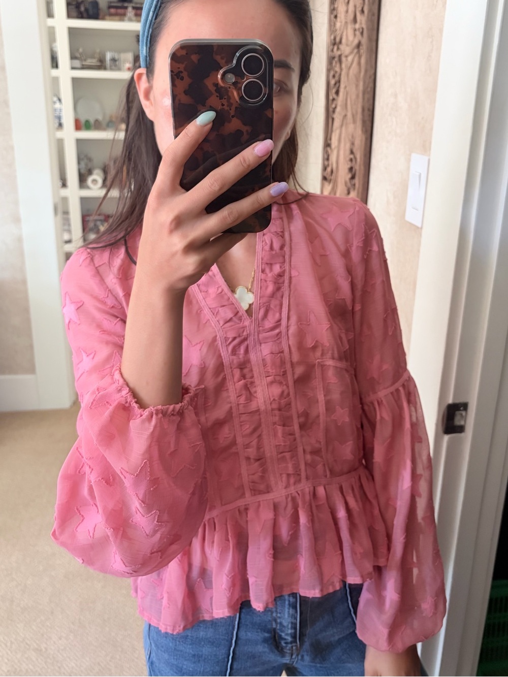 Romeo & Juliet Couture Pink Star-Embroidered Ruffle Blouse